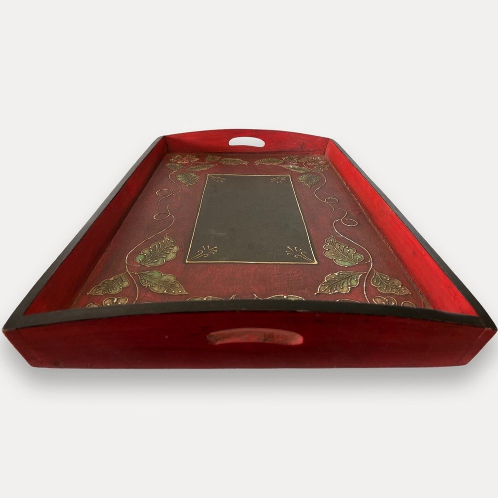 Hand painted Floral Leaf wooden tray Red kitchen serving art deco - Picture 4 of 6